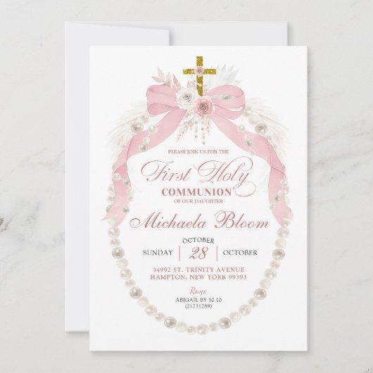 Invitation Perles de Bow rose première communion sacrée baptê (Devant)
