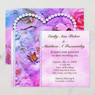 Invitation Perles de coeur Roses roses et papillons Mariage