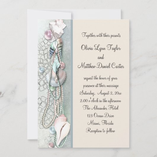Invitation Perles de Coquillages Mariage de Plage Élégant (Devant)