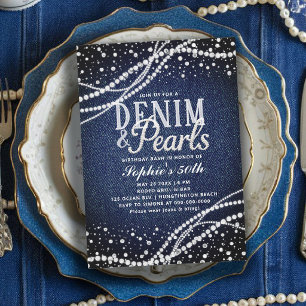 Invitation Perles de Denim Bleu Moderne Élégant 50e Anniversa
