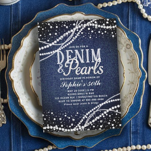 Invitation Perles de Denim Bleu Moderne Élégant 50e Anniversa