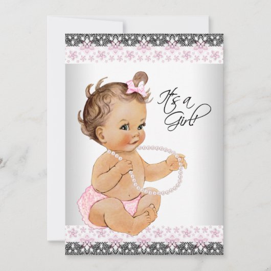 Invitation Perles de dentelle rose et gris Baby Girl Douche (Devant)