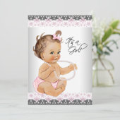 Invitation Perles de dentelle rose et gris Baby Girl Douche (Debout devant)