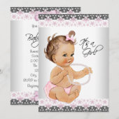 Invitation Perles de dentelle rose et gris Baby Girl Douche (Devant / Derrière)