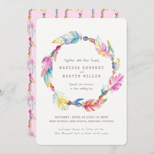 Invitation Perles de plumes Boho aquarelle rose mariage invit (Devant / Derrière)