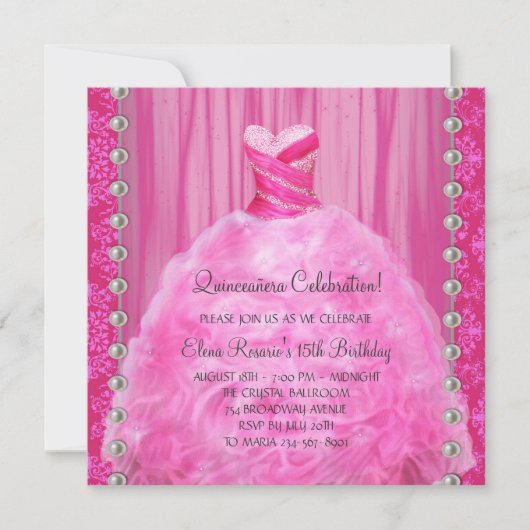 Invitation Perles de robe de fête Hot rose Quinceanera Invita (Devant)