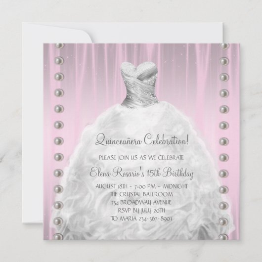 Invitation Perles de robe de fête Quinceanera rose (Devant)
