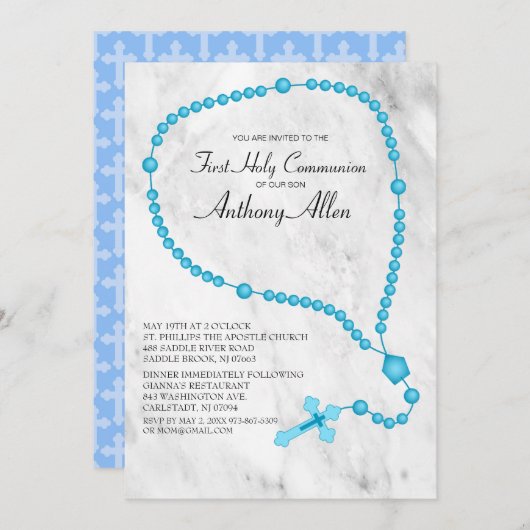 Invitation Perles de Rosaire Bleu Première communion sainte (Devant / Derrière)
