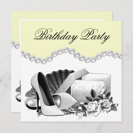Invitation Perles de rose blanche talons hauts Jaune fête d'a (Devant / Derrière)