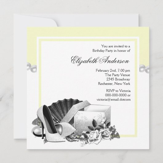Invitation Perles de rose blanche talons hauts Jaune fête d'a (Dos)