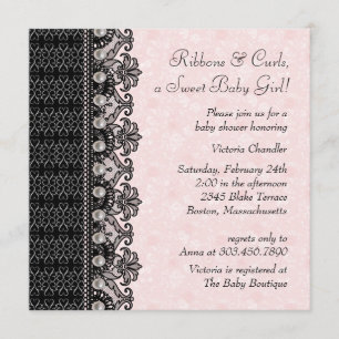 Invitation Perles dentelle rose noir bébé fille douche