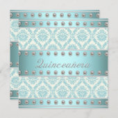 Invitation Perles d'ivoire Turquoise bleu blanc Damas Quincea (Devant / Derrière)