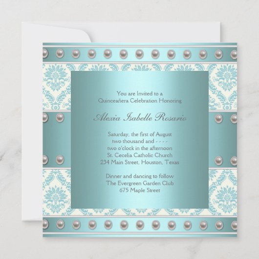 Invitation Perles d'ivoire Turquoise bleu blanc Damas Quincea (Dos)