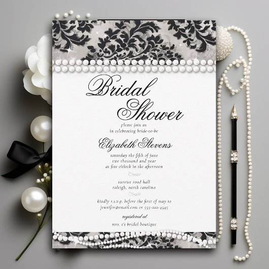 Invitation Perles en dentelle noir et blanc Fête des mariées 