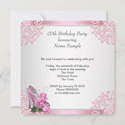 Invitation Perles en dentelle rose haute talon Perles Anniver (Dos)