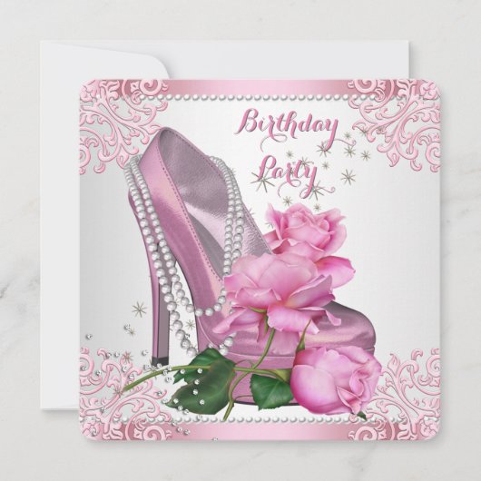 Invitation Perles en dentelle rose haute talon Perles Anniver (Devant)