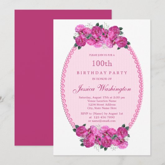 Invitation Perles et dentelle florales roses 100e anniversair (Devant / Derrière)