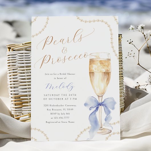 Invitation Perles et Fête des mariées bleue de Prosecco