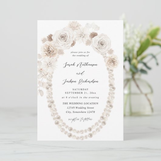 Invitation Perles et Mariage floral blanc V2 (Debout devant)