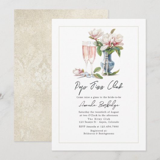 Invitation Perles et Prosecco Pop Fizz Clink Enterrement de V (Devant / Derrière)
