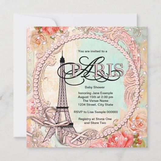 Invitation Perles Jolies Fête de Naissance Rose Paris (Devant)