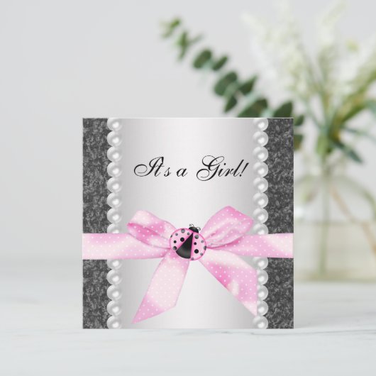 Invitation Perles Ladybug rose noir bébé fille douche (Debout devant)