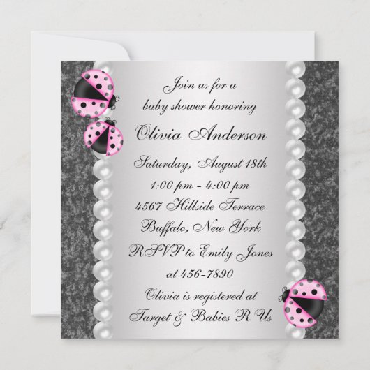 Invitation Perles Ladybug rose noir bébé fille douche (Dos)