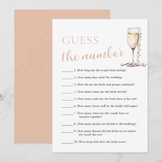 Invitation Perles & Prosecco Devinez le Nombre Jeu de Mariage (Devant / Derrière)