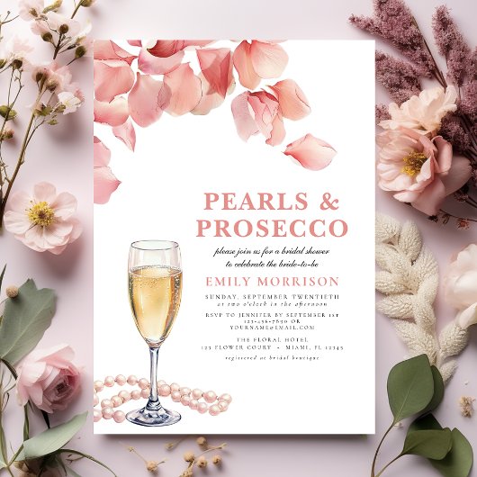 Invitation Perles & Prosecco Fête des mariées florale rose mo