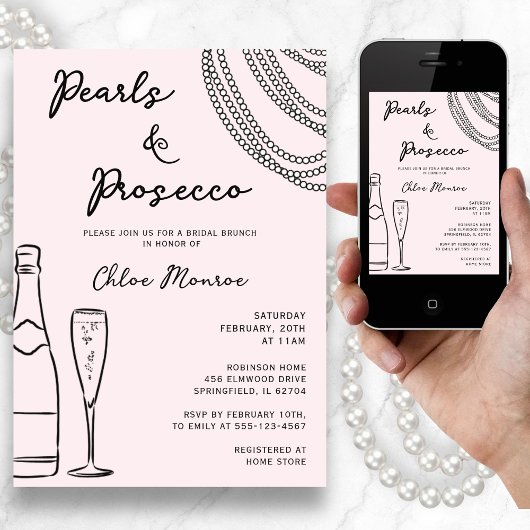 Invitation Perles & Prosecco Moderne Blush Pink Bridal Brunch