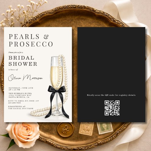 Invitation Perles & Prosecco Nœud Noir Code QR Enterrement de