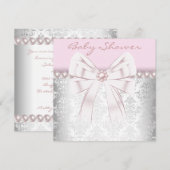 Invitation Perles roses Baby Shower Damassé rose (Devant / Derrière)
