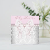 Invitation Perles roses Baby Shower Damassé rose (Debout devant)