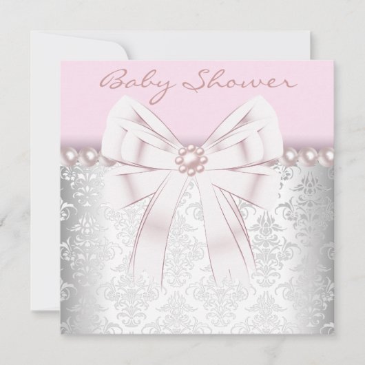 Invitation Perles roses Baby Shower Damassé rose (Devant)