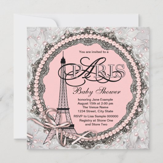 Invitation Perles roses Baby shower Paris rose (Devant)
