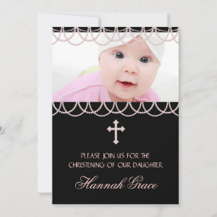 Invitation Perles Roses Baptême Rose et Noir