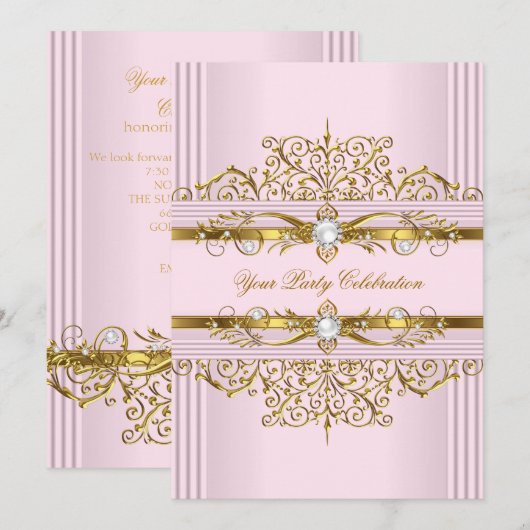 Invitation Perles roses Blanc Or Elégante fête d'anniversaire (Devant / Derrière)