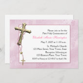 Invitation Perles roses de chapelet, croix, religieuse (Devant / Derrière)