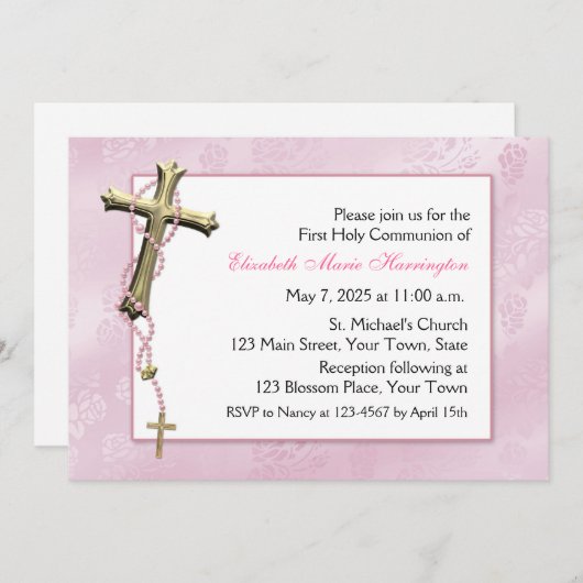 Invitation Perles roses de chapelet, croix, religieuse (Devant / Derrière)