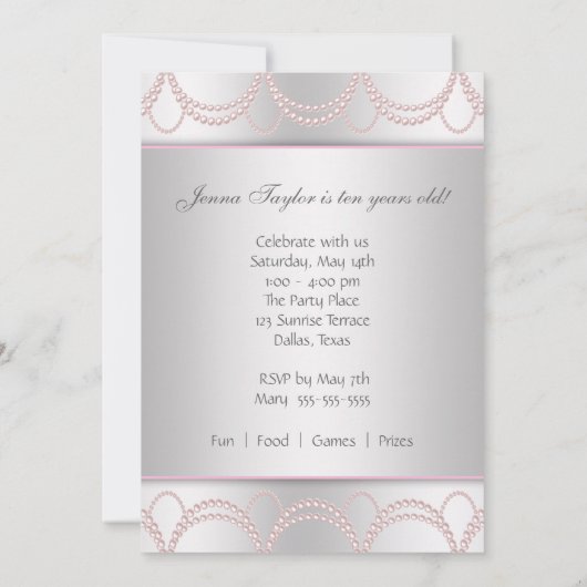 Invitation Perles roses fête d'anniversaire (Dos)