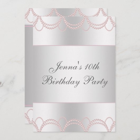 Invitation Perles roses fête d'anniversaire (Devant / Derrière)