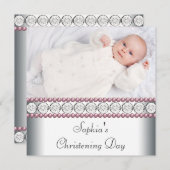 Invitation Perles roses Fille Bébée Blanche Photo Christening (Devant / Derrière)