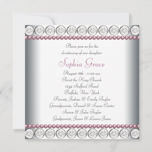 Invitation Perles roses Fille Bébée Blanche Photo Christening (Dos)