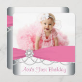 Invitation Perles roses Filles Photo Anniversaire (Devant / Derrière)