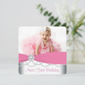 Invitation Perles roses Filles Photo Anniversaire (Debout devant)