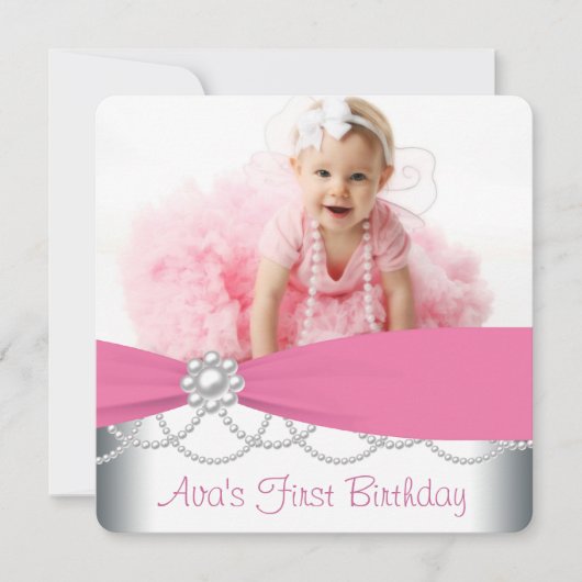 Invitation Perles roses Filles Photo Anniversaire (Devant)