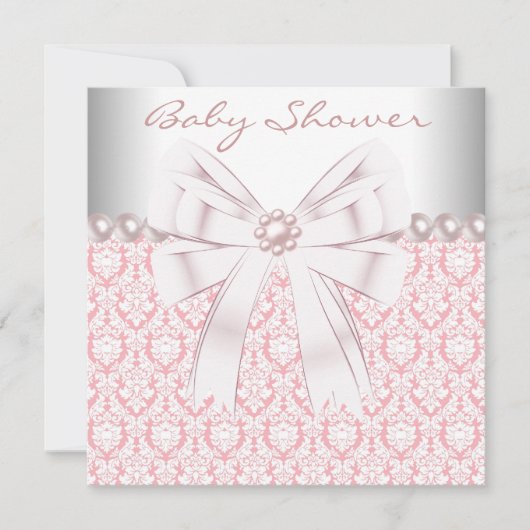 Invitation Perles roses Pink Damask Baby Girl Douche (Devant)