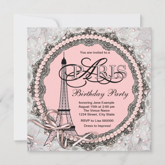 Invitation Perles roses Pink Paris Sweet 16 Anniversaire (Devant)