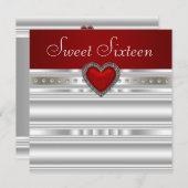 Invitation Perles Rouge Rubis Cœur Douce Fête des Seize Ans (Devant / Derrière)