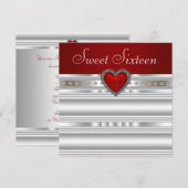 Invitation Perles Rouge Rubis Cœur Sweet Sixteen Anniversaire (Devant / Derrière)